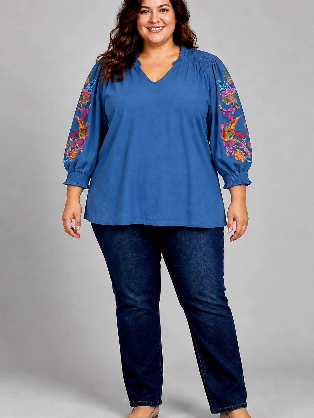 Caleesa Blue Embroidered V-Neck Peasant Blouse 3X